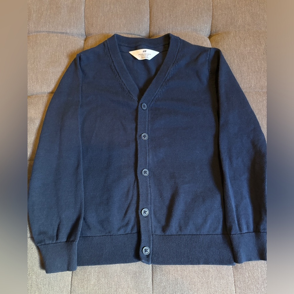 H&M Fine-knit Cotton Cardigan, Navy Blue, Size 6-8Y